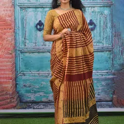 TROPWEAR Block Striped Mulmul Cotton Ikat Saree-31