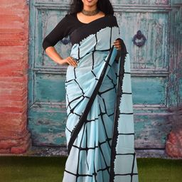 TROPWEAR Checked Pure Cotton Block Print Saree-image-22