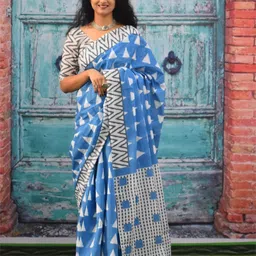 TROPWEAR Ethnic Motifs Block Printed Mulmul Cotton Ikat Saree-36