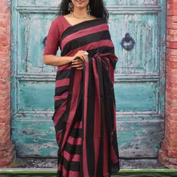 TROPWEAR Block Striped Mulmul Cotton Ikat Saree-picture-11