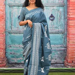 TROPWEAR Floral Jaipuri Mulmul Cotton Block Print Saree-43