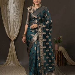 Solid/Plain, Temple Border, Woven Banarasi Organza Saree-image-21