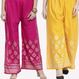 omayaa Pack of 2 Women Comfort Fit Pink, Yellow Viscose Rayon Trousers-picture-22