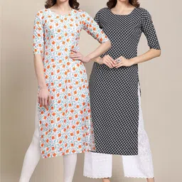 KALINI Women's Crepe Off White & Black Color Floral Printed Straight Kurta (PACK OF 2)-picture-17