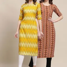 KALINI Women Pack Of 2 Yellow & Brown Geometric Printed Summer Sheers Crepe Kurta-image-49