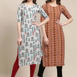 KALINI Women's Crepe Brown & Beige Color Ethnic Motif Printed Straight Kurta (PACK OF 2)-picture-12