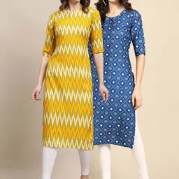 KALINI Women Pack Of 2 Yellow & Blue Geometric Printed Summer Sheers Crepe Kurta-23