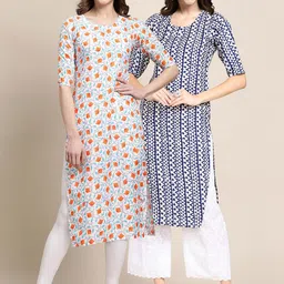 KALINI Women's Crepe Beige & Blue Color Floral Printed Straight Kurta (PACK OF 2)-picture-12