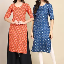 KALINI Women's Crepe Pack OF 2 Blue & Orange Color Ethnic Motif Printed Straight Kurta-image-34