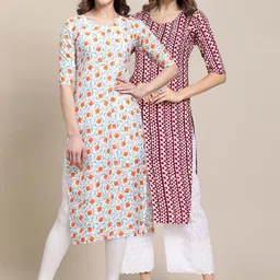 KALINI Women Pack of 2 White & Maroon Printed Crepe Kurta-image-46