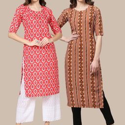 KALINI Women's Crepe Red & Brown Color Ethnic Motif Printed Straight Kurta (PACK OF 2)-image-42