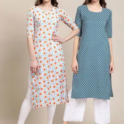 KALINI Women's Crepe Off White & Teal Color Floral Printed Straight Kurta PACK OF 2-picture-3