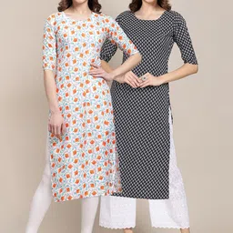 KALINI Women Pack of 2  White & Black Geometric Printed Crepe Kurta-image-89