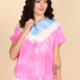 Maaesa Tie and Dye Mandarin Collar Extended Sleeves Top-12