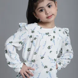 MINI & MING Girls Floral Printed Round Neck Puff Sleeves Pleated Blouson Top-image-37