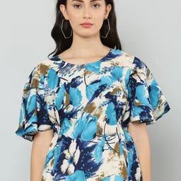 EZIS FASHION Beige & Blue Floral Print Crepe Top-image-76