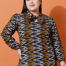 U&F Beyond Plus Size Abstract Printed Tie-Up Neck Puffed Sleeves Top-18