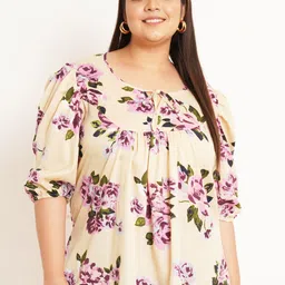 U&F Beyond Plus Size Floral Prined Tie-Up Neck Puffed Sleeves A-Line Top-picture-6