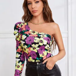 Kotty Black Floral Print One Shoulder Puff Sleeve Crepe Top-image-12