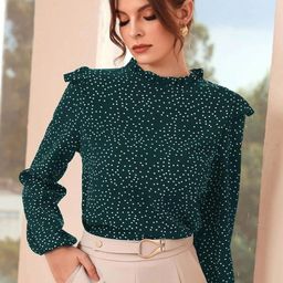 Kotty Polka Dot Print Puff Sleeve Ruffles Crepe Top-picture-1