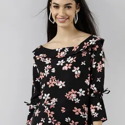 KALINI Floral Print Boat Neck Bell Sleeves Crepe Top-image-95