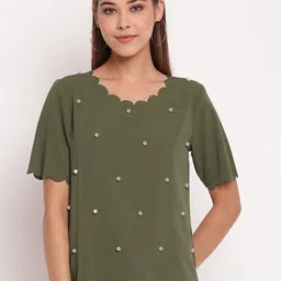 AKIMIA Women Olive Green Pearl Embellished Crepe Scalloped Top-picture-11