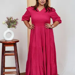 DEEBACO V-Neck Puff Sleeves Opaque Maxi Plus Size Dress-picture-40