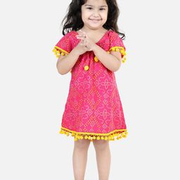 BownBee Girls Tie-Up Neck Ethnic Motifs Printed Pom-Pom A-Line Pure Cotton Dress-image-70