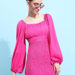 Tokyo Talkies Pink Square Neck Puff Sleeve Smocked Bodycon Dress-image-25