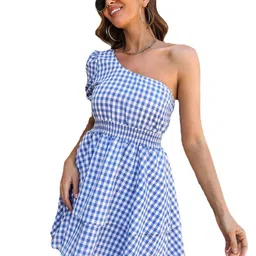 StyleCast Blue & White Checked One Shoulder Dress-picture-11
