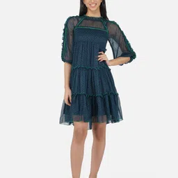 Antheaa Girls Blue Self-Design Chiffon Laced Tiered Fit & Flare Dress-image-54