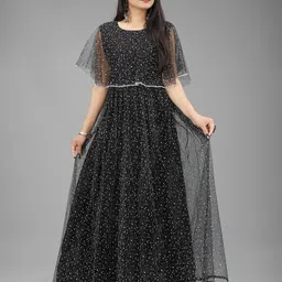 APNISHA Abstract Printed Flared Sleeves Net Maxi Dress-21