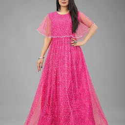 APNISHA Abstract Printed Flared Sleeves Net Maxi Dress-image-91
