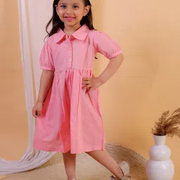 JUNITOS Puff Sleeves Gathered or Pleated Cotton Shirt Dress-picture-36