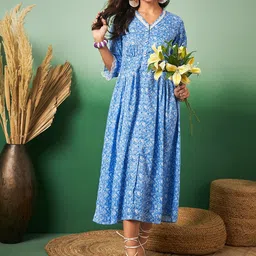 Sangria Blue Floral Printed V-Neck Puff Sleeves Fit & Flare Midi Ethnic Dress-image-20