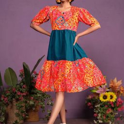 Sangria Floral Printed Puff Sleeves A-Line Dresses-image-93