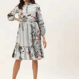Zastraa Women Grey Floral Printed Fit And Flare Tiered Dress-image-18