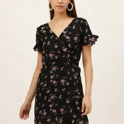 DODO & MOA V Neck Sort Sleeves Floral Print Flutter Sleeve Warp Dress-image-26
