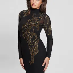 GUESS Sequinned Embellished High Neck Long Sleeves Bodycon Mini Dress-image-61