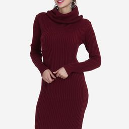 JoE Hazel Maroon Striped High Neck Jumper Dress-image-19