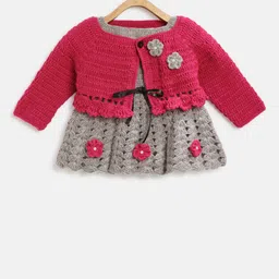 CHUTPUT Girls Grey & Pink Self Design Pure Wool Jumper Dress-9