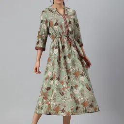 W Green Floral Chiffon A-Line Midi Dress-image-5