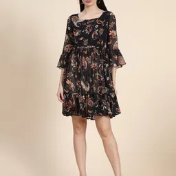KERI PERRY Paisley Printed Square Neck Bell Sleeves Fit and Flare Dress-image-33