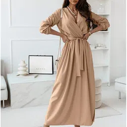 StyleCast Khaki V-Neck Cuffed Sleeves Maxi Wrap Dress With Belt-picture-49