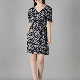 DEBONATELLA Black & White Floral Printed Crepe Dress-image-6