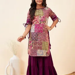 Stylo Bug Girls Floral Printed Round Neck A-Line Kurti & Sharara-image-30
