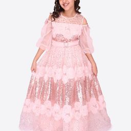 CUTECUMBER Girls Embellished Sequined Cold-Shoulder Sleeves Fit & Flare Maxi Dress-picture-33