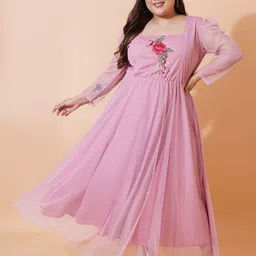 U&F Beyond Women Plus Size Floral Embroidered Puff Sleeve Net Fit & Flare Maxi Dress-picture-1
