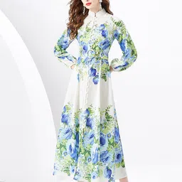 JC Collection Floral Printed Mock Neck Cuffed Sleeves Fit & Flare Midi Dress-image-78
