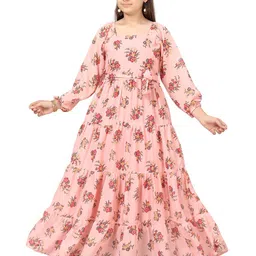 BAESD Girls Floral Printed Square Neck Puff Sleeves Gathered Tiered Fit & Flare Maxi Dress-picture-29